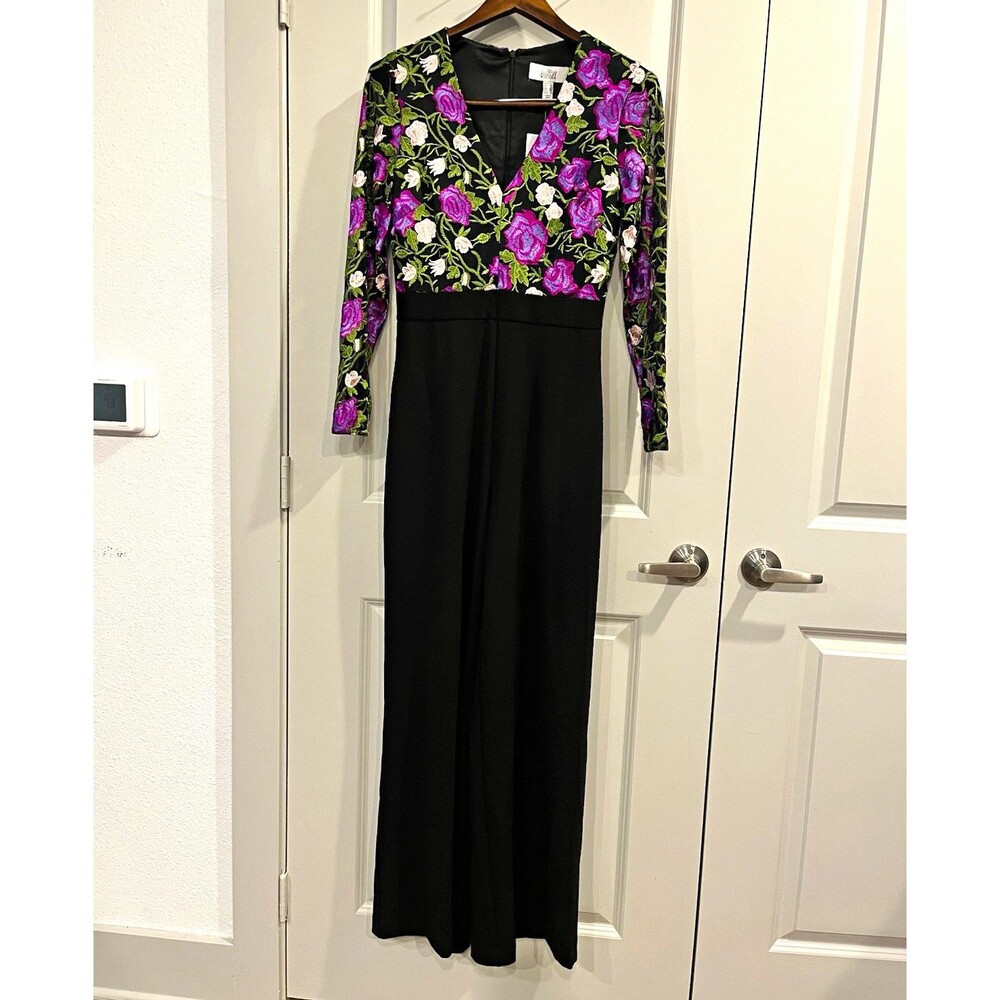 Belle Badgley Mischka Black V-Neck Long Sleeve Floral Embroidered Jumpsuit 0044